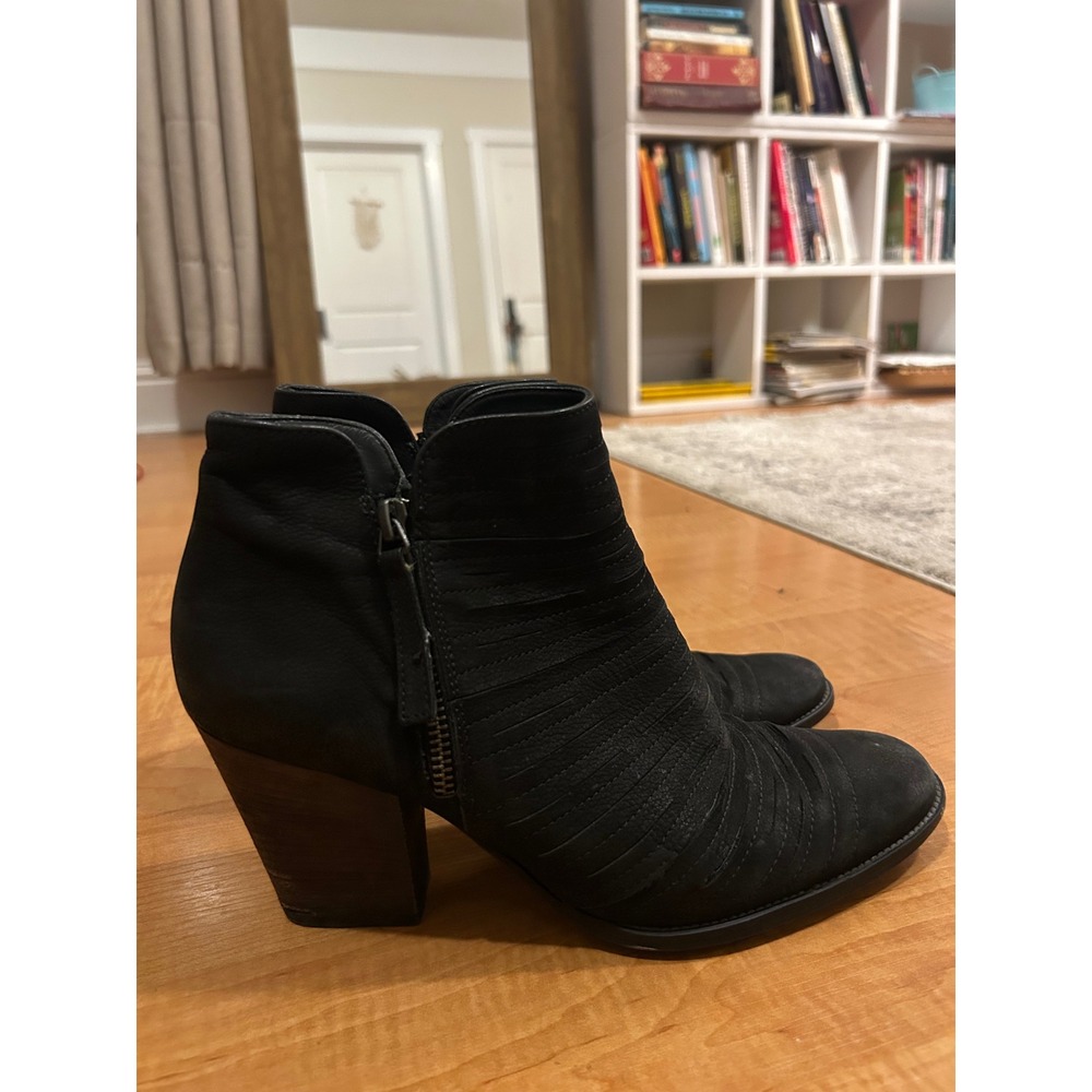 Paul Green Black Nubuck Leather Pleated Ankle Boots Stacked Block Heel Size 7.5